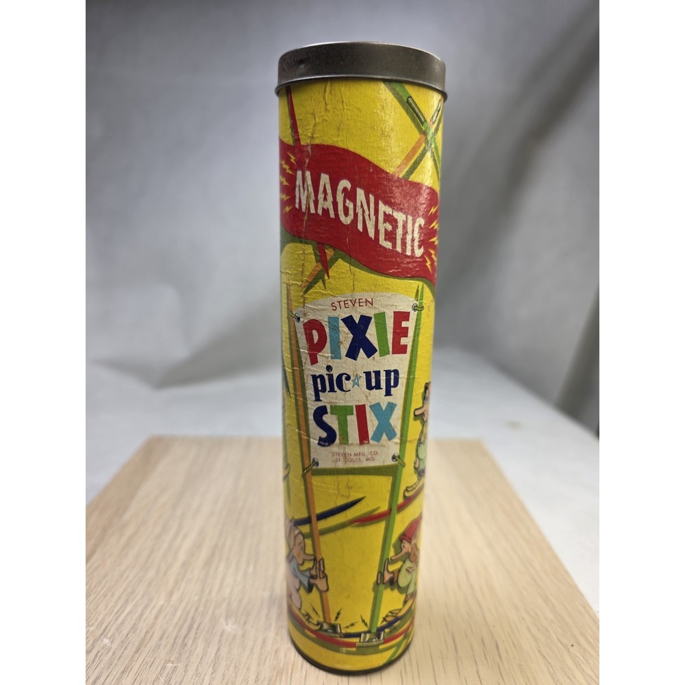 Vintage - 1950s Magnetic Pixie Pic Up Stix, Steven Mfg. Co. Yellow Toy Tube Set